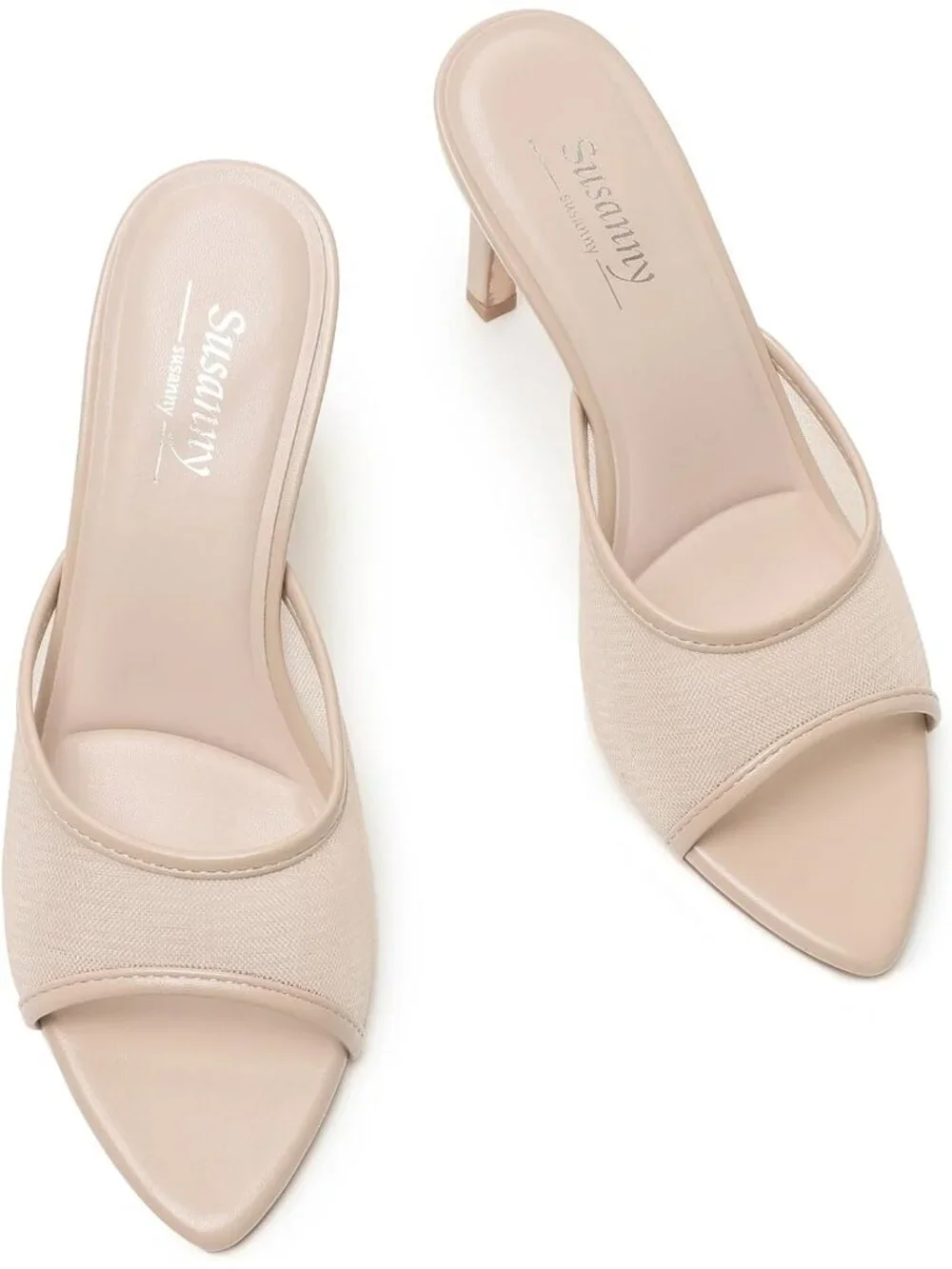 Women's Nude Mesh Summer Mule High Heels Slip on Pointed Open Toe Sexy Heeled